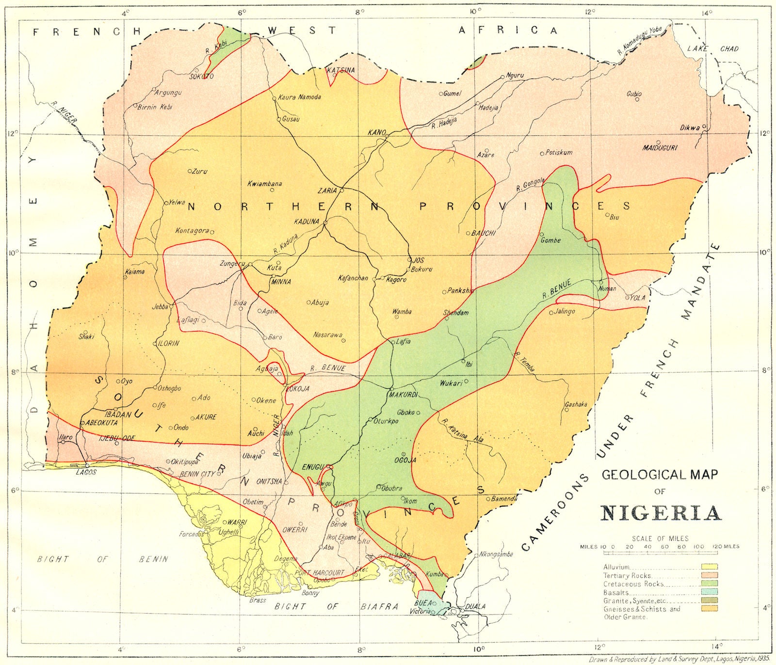 NIGERIA. Geological Map of Nigeria 1936 old vintage plan chart